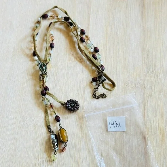 BOHO Y2K Tassel Groovy necklace Bronze Crystal Mother of pearl Indie Brass 17.5" - Picture 5 of 5